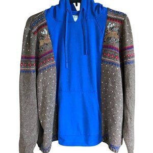 Upcycled Hoodie, Reindeer Sweater Sleeves, Christmas Sweatshirt Jacket Sz L - XL